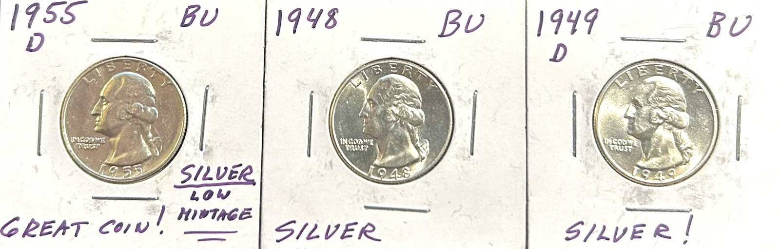 Set of 3, Silver George Washington Quarters, 1955 D, 1949 D, 1448