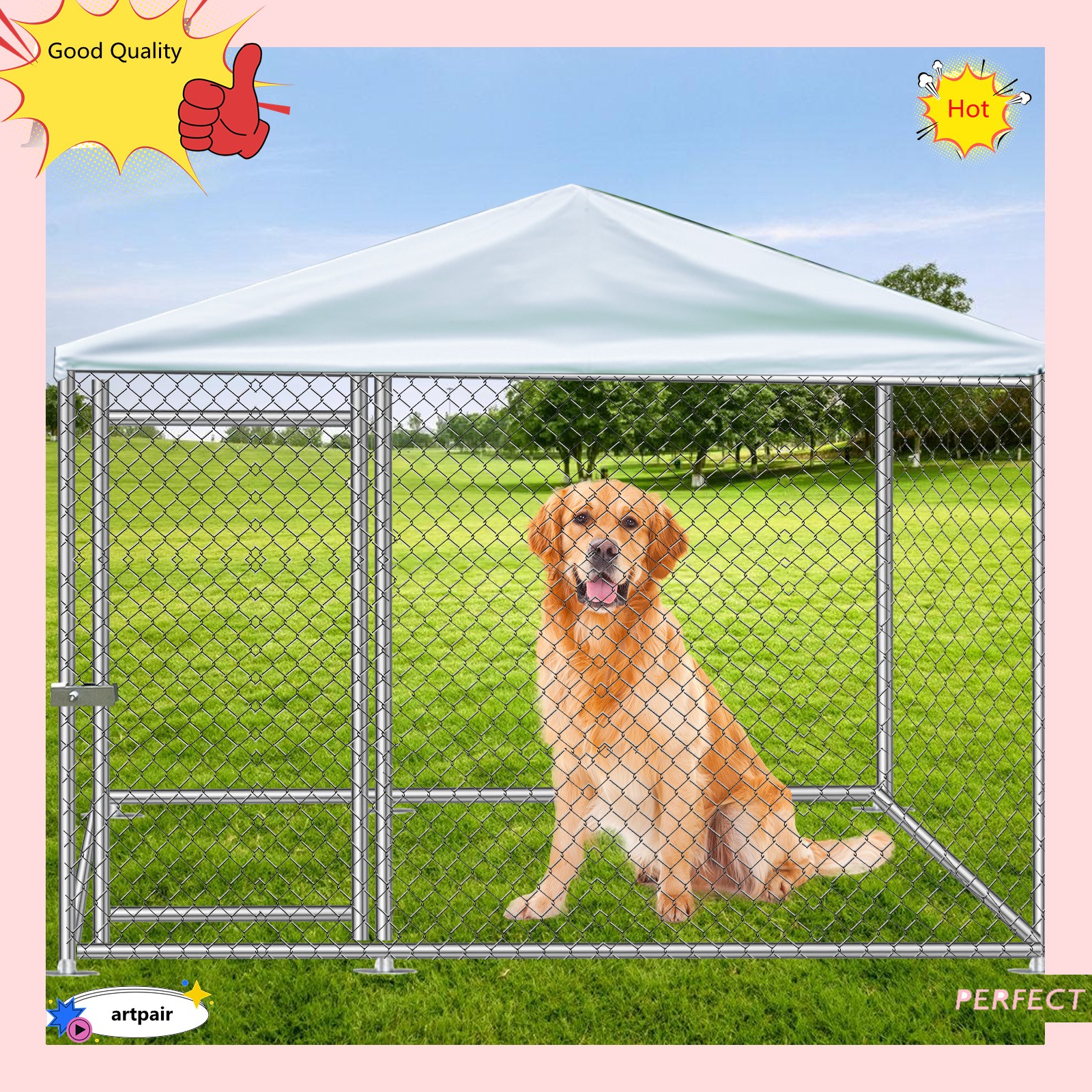 Metal Outdoor Pet Dog Run House Kennel Shade Cage Enclosure w/ Roof Playpen USA