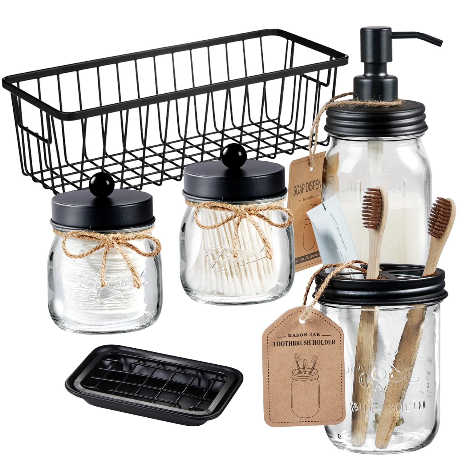 6Pcs Mason Jars Bathroom Accessories Set Complete - Toothbrush Holder, Lotion...