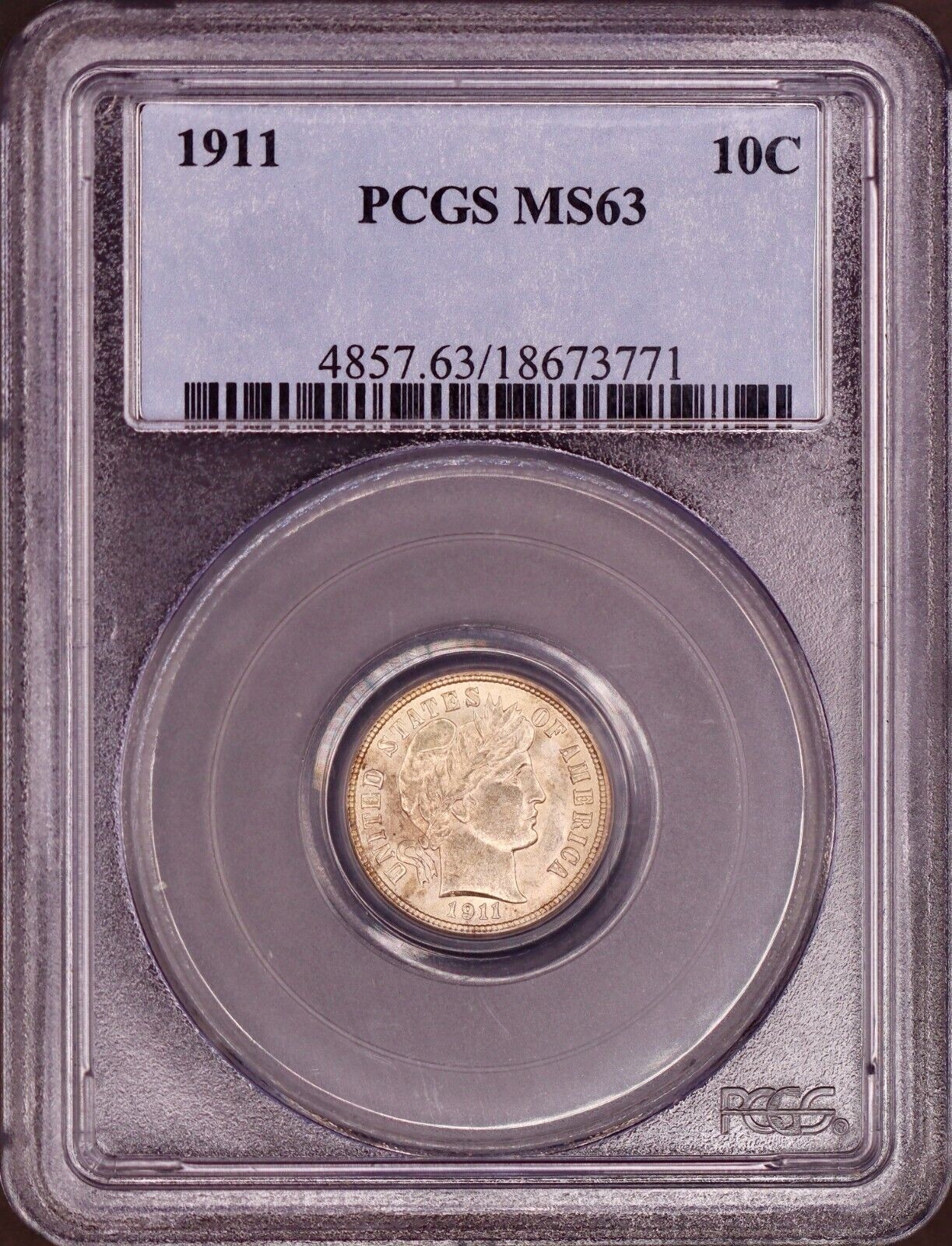 1911-P Barber Silver Dime PCGS MS63 - Nice Flashy Coin Great Luster & Original