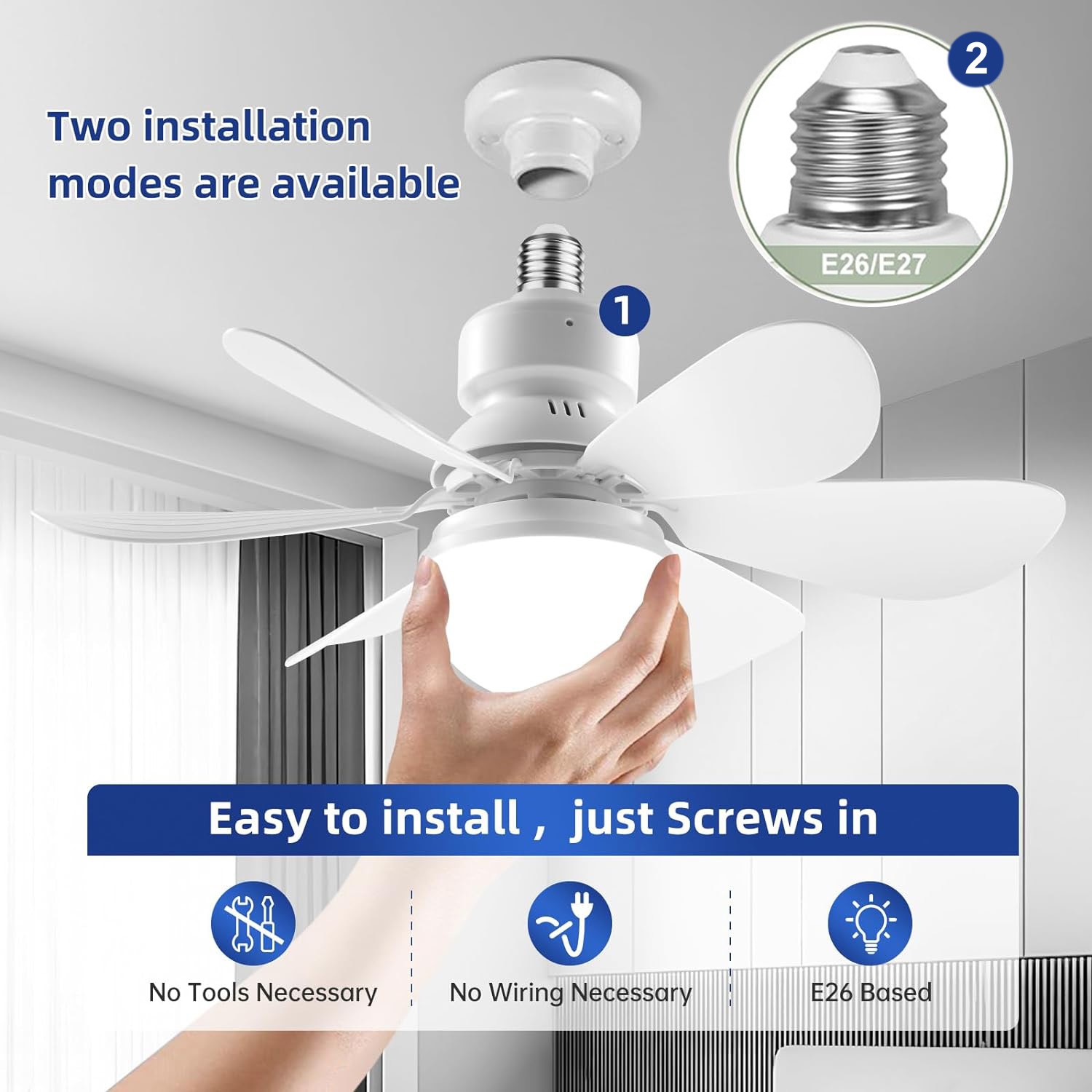 Large Ceiling Fan E27 Socket Fan 30W with Dimmable LED Light Remote Controller