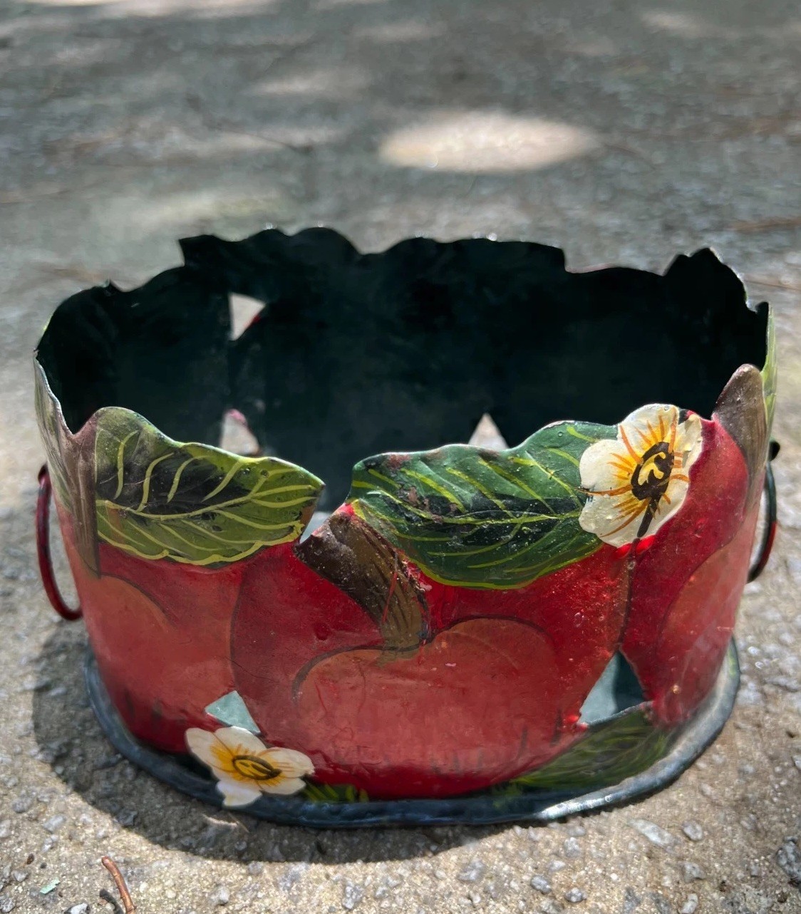 Decorative Rustic Hand Painted Apples Metal Toleware Planter Oval Shaped Vintage