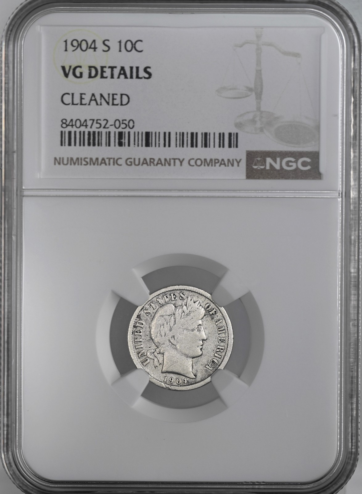 1904-S 10C BARBER SILVER DIME SAN FRANCISCO NGC VG DETAILS "CLEANED" 8404752-050