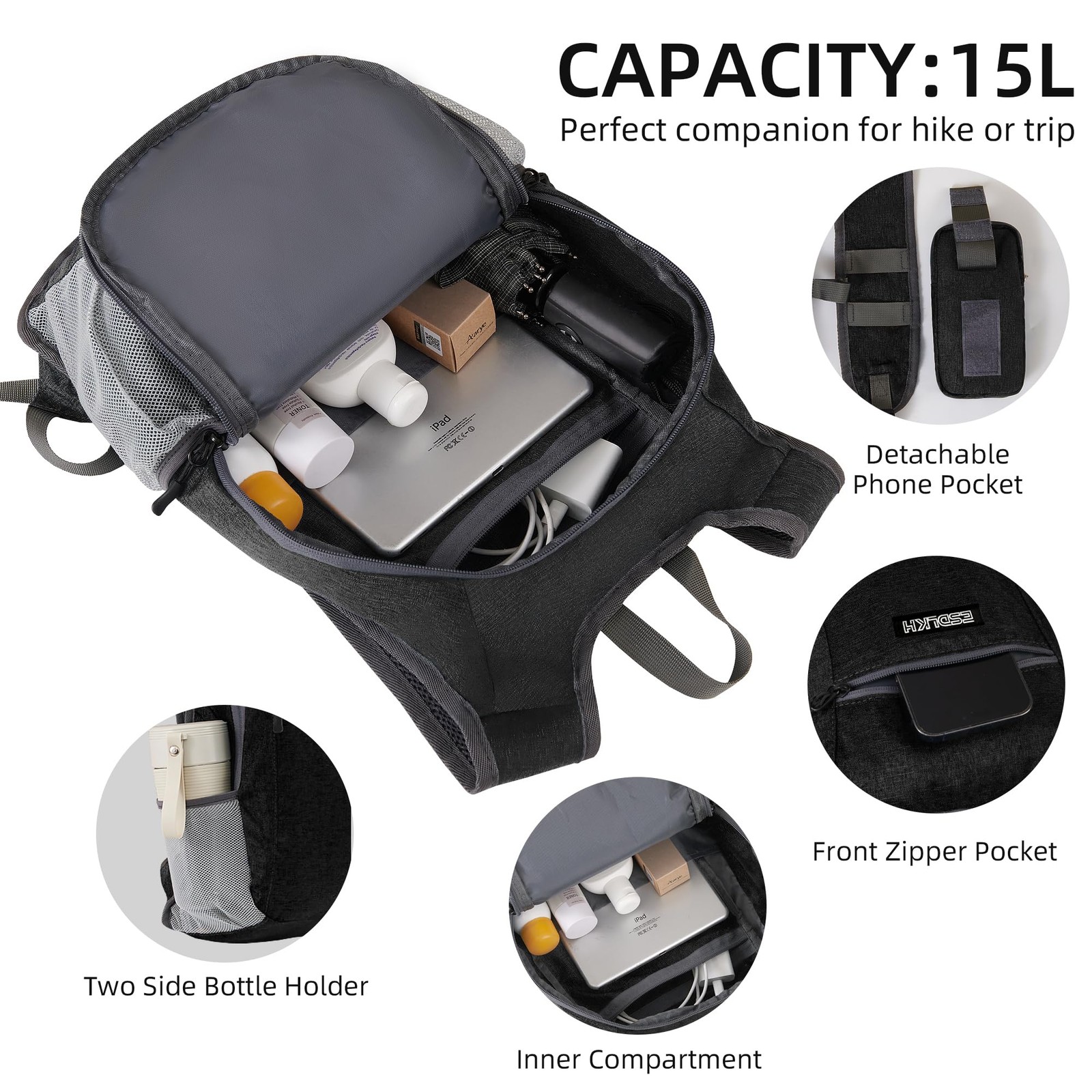 Small Hiking Backpack with Detachable Front Holder, Foldable Packable Back pa...