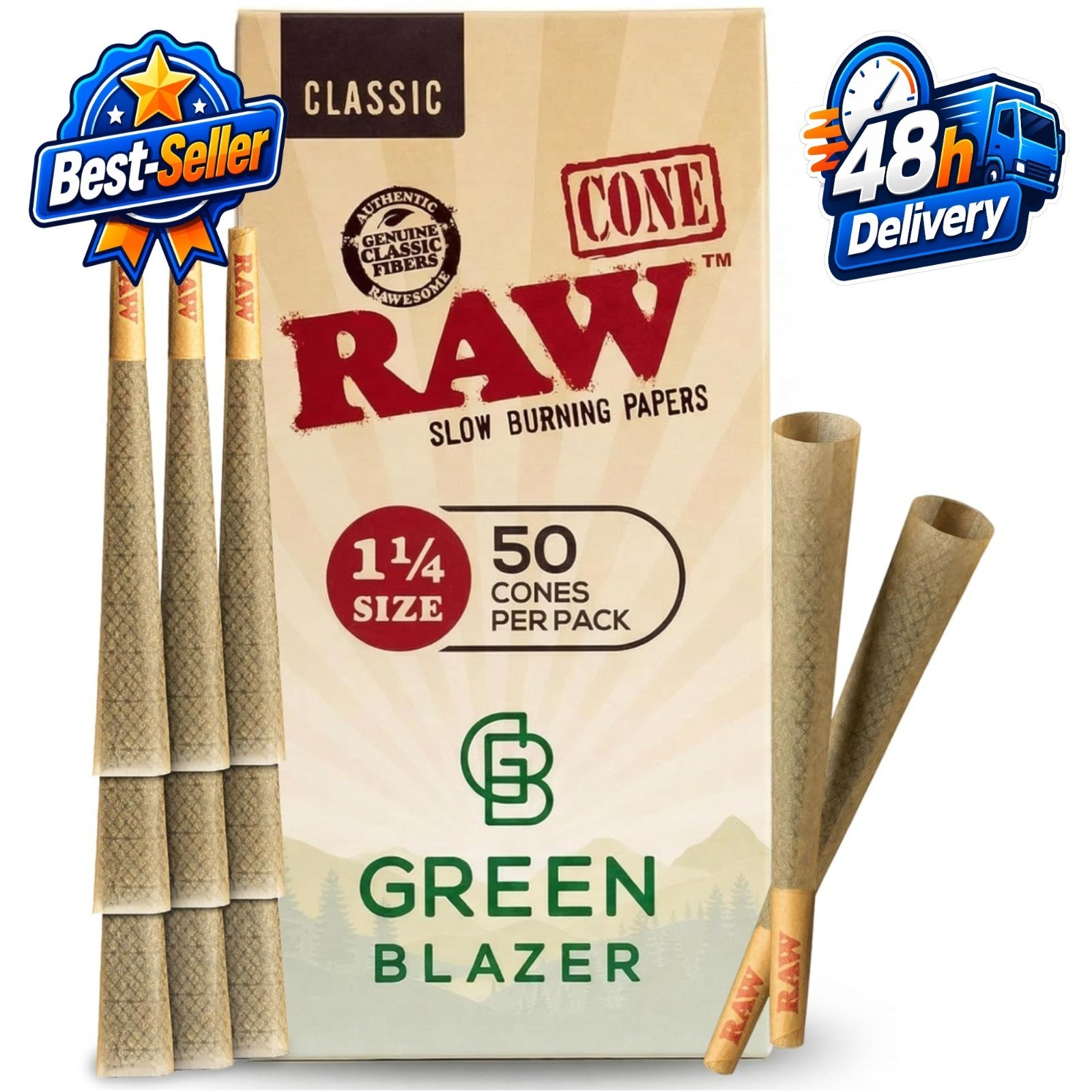 RAW Classic 1 1/4 Size Pre Rolled Cones - 50 Pack Slow Burning Papers