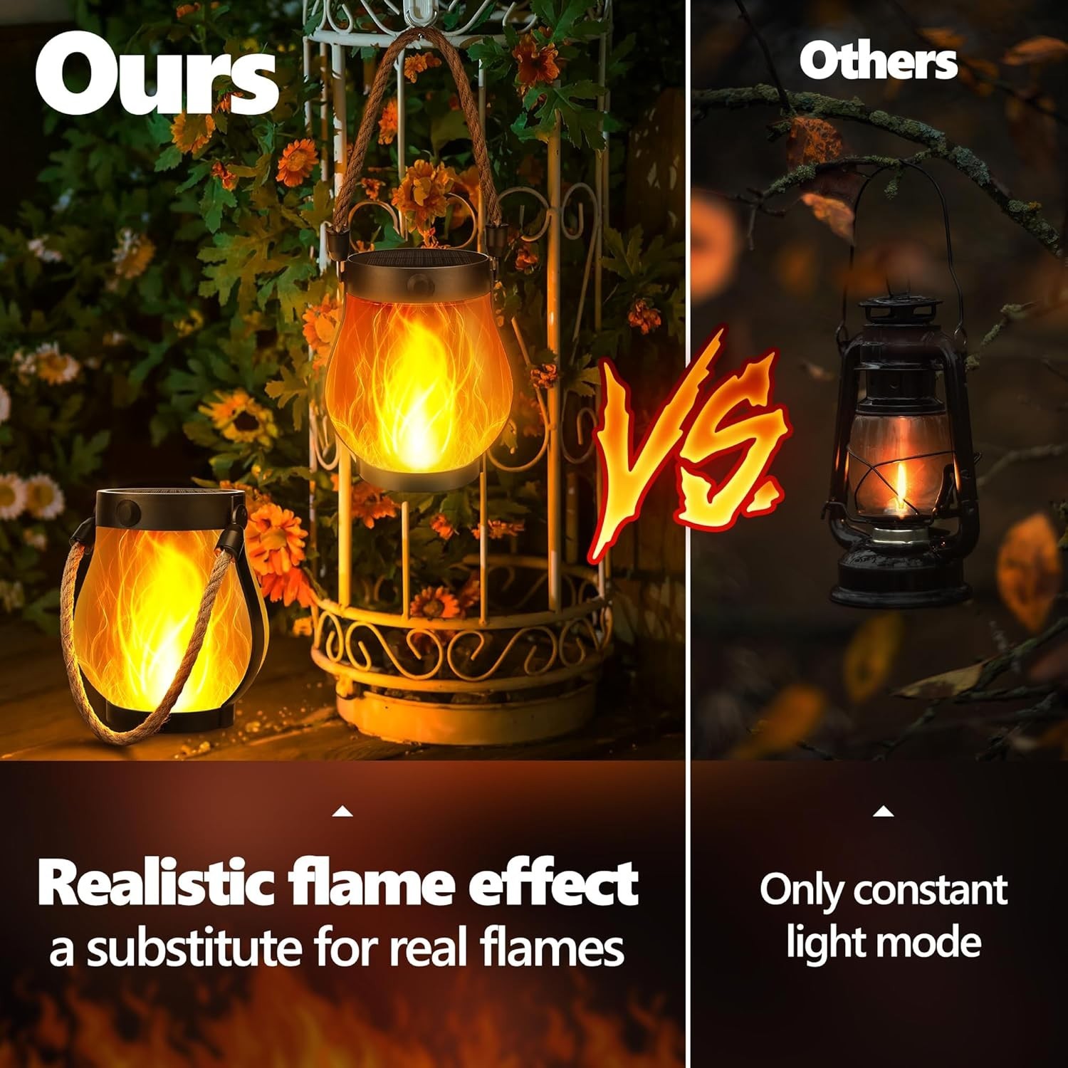 Solar Lanterns Outdoor Waterproof - 2 Pack Hanging Solar Flame Lights with Du...