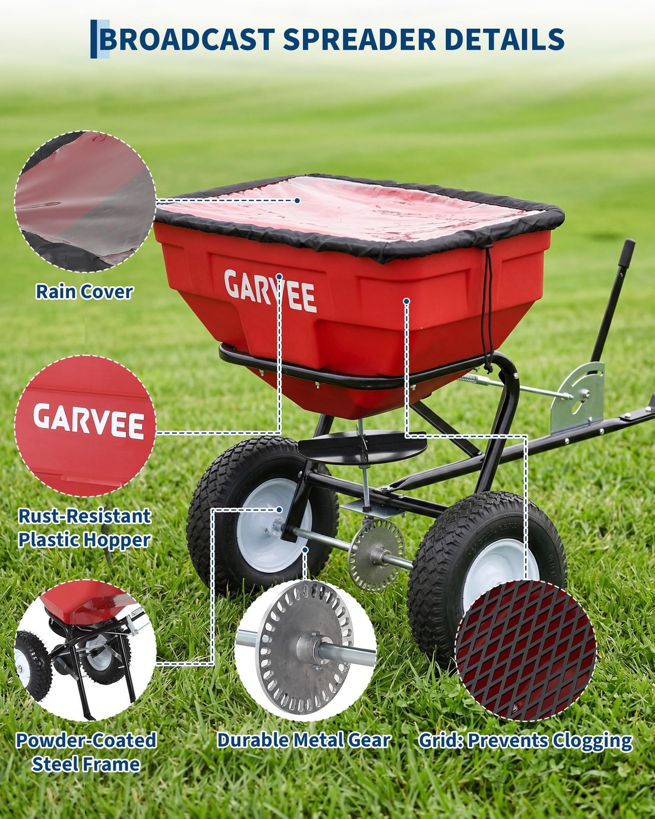 Tow Behind Broadcast Spreader, 125LBS, Universal Hooks Tow/Push Garden Spreader