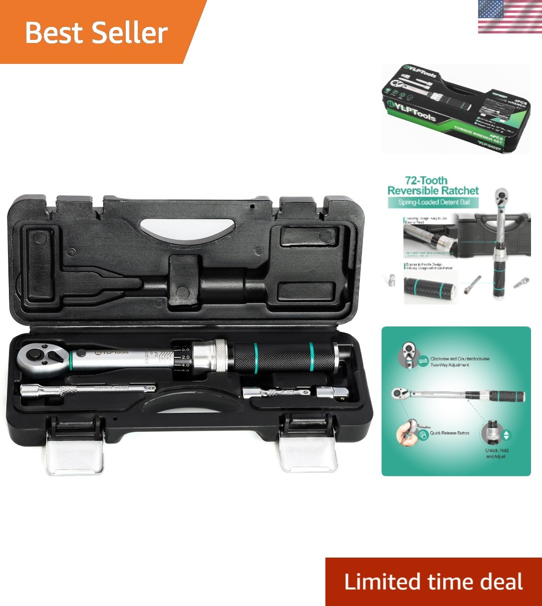4-Piece 1/4-Inch Drive Torque Wrench Set with Adapters and Extension Bars