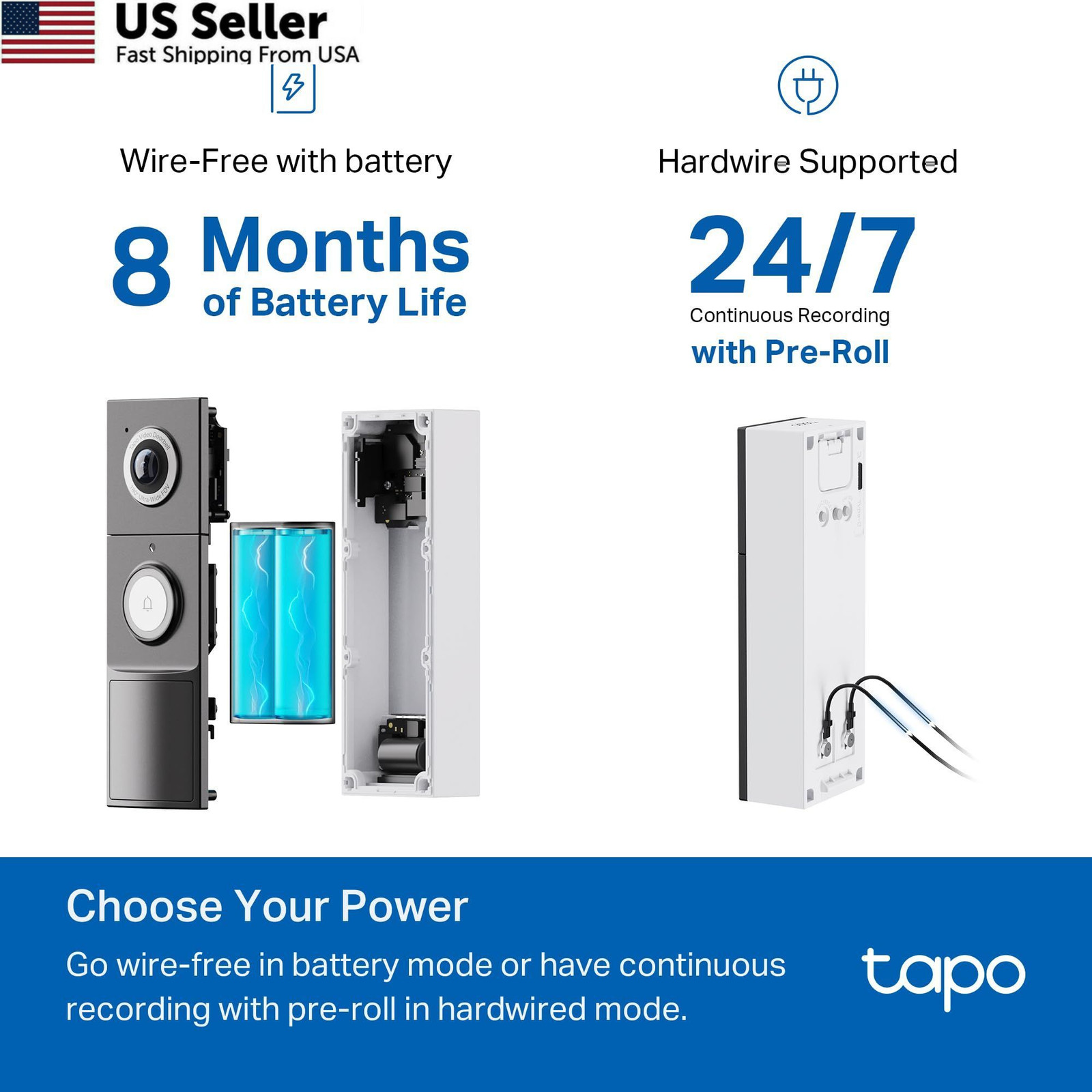 Tapo 2K+ Wired or Battery Powered Smart Video & Wired, Black
