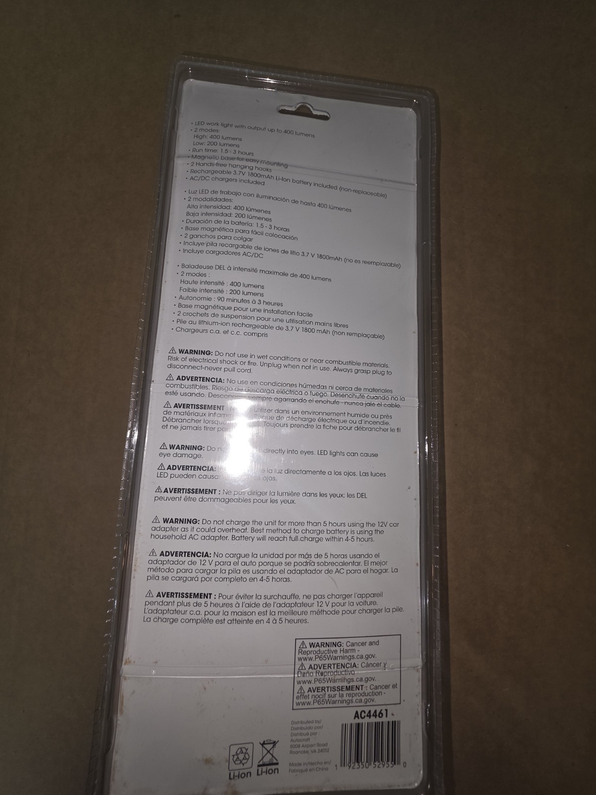 AutoCraft 400 Lumens Rechargeable LED Work Light AC4461