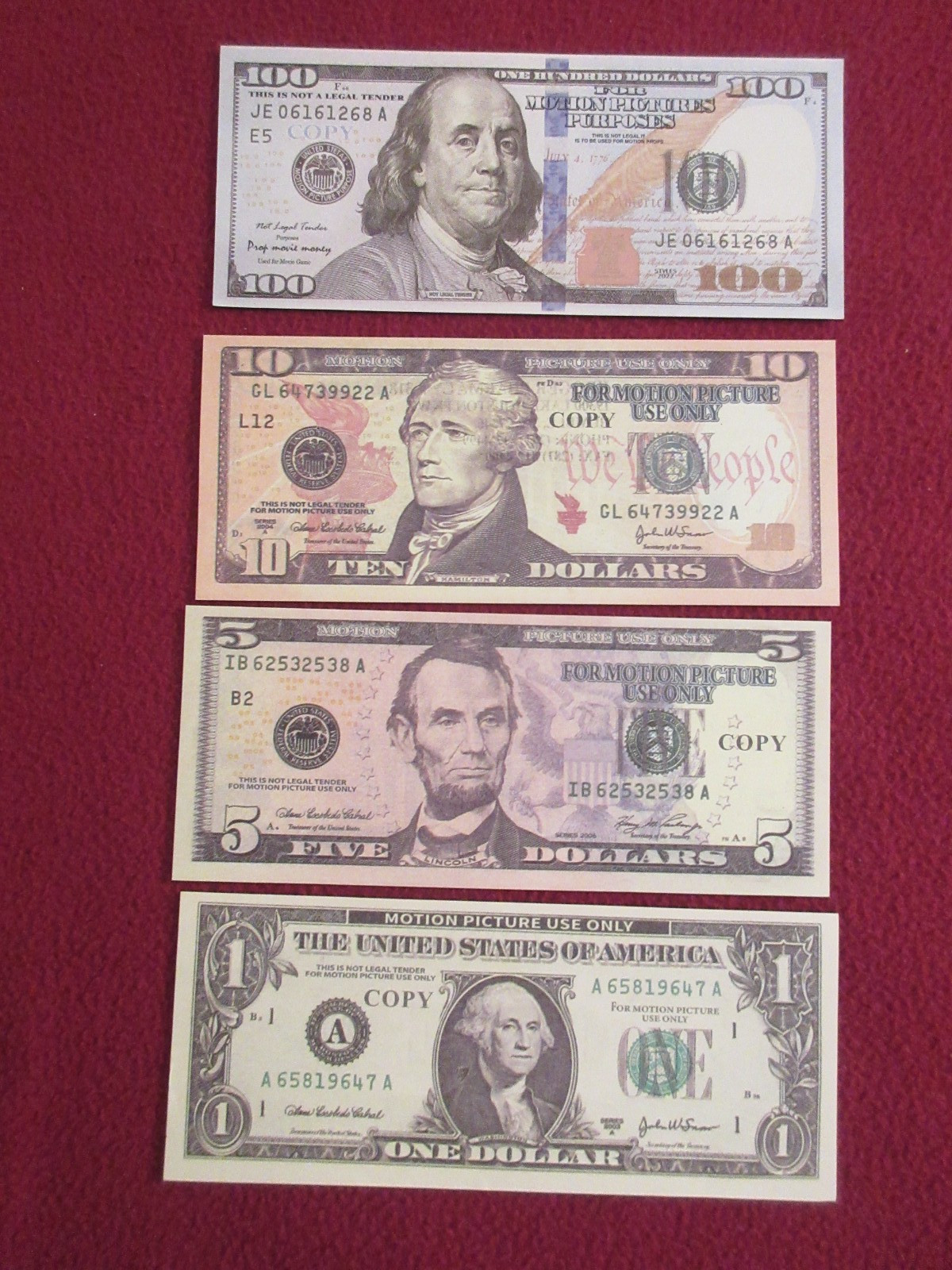 $1.00,$5.00,$10.00 & $100.00 " MOTION PICTURE USE ONLY " REPLICA MONEY