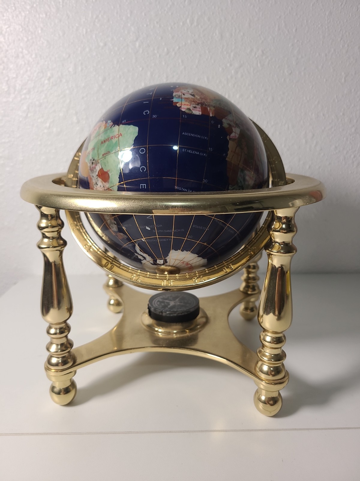 Gemstone Inlaid World High Globe W/ Brass Zodiac Stand & Compass