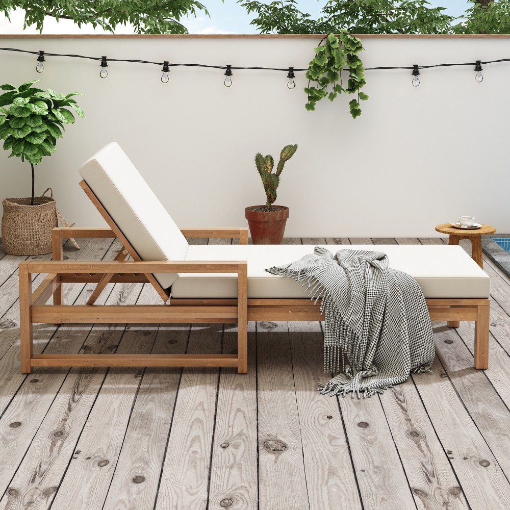 Adjustable Outdoor Lounge Recliner Chair w/Cushion Pool Backyard Deck Lawn Wood