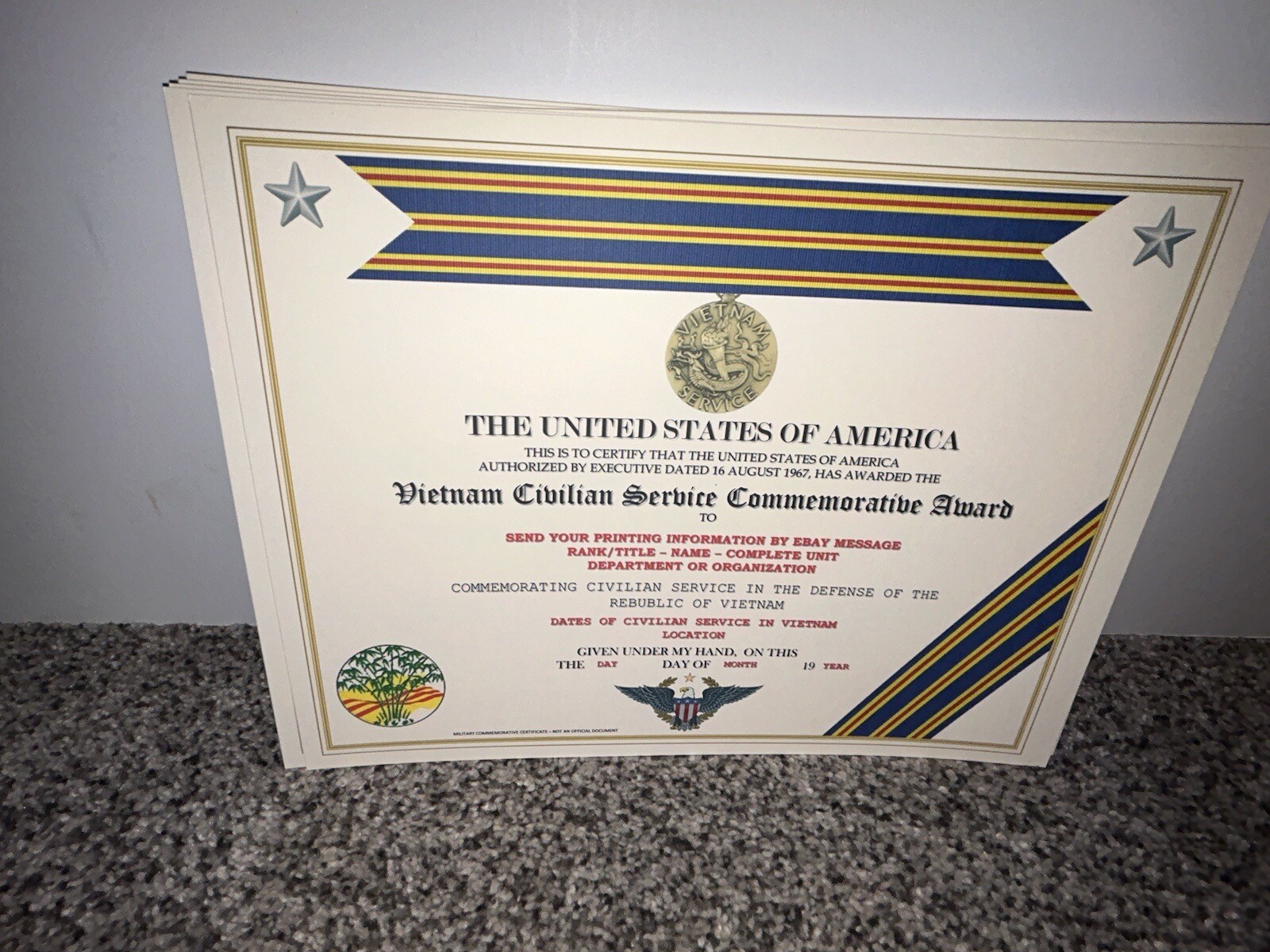 VIETNAM CIVILIAN SERVICE AWARD COMMEMORATIVE CERTIFICATE ~ W/PRINTING TYPE-1