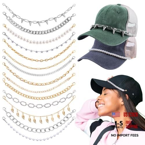 HUISUYTON 14PCS Trucker Hat Chains Spike Thorn Chain Detachable Pearl Metal