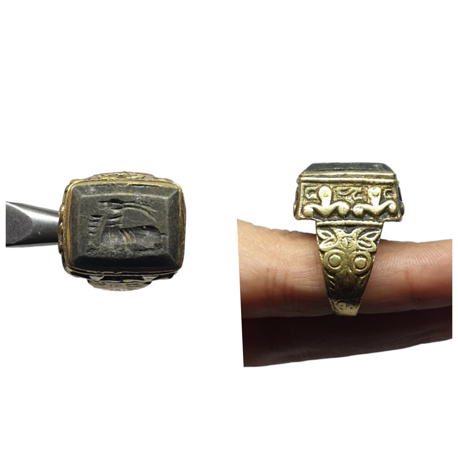Natural Black Stone 7US Ring Animal Intaglio Engraved Signet Vintage Art Jewelry