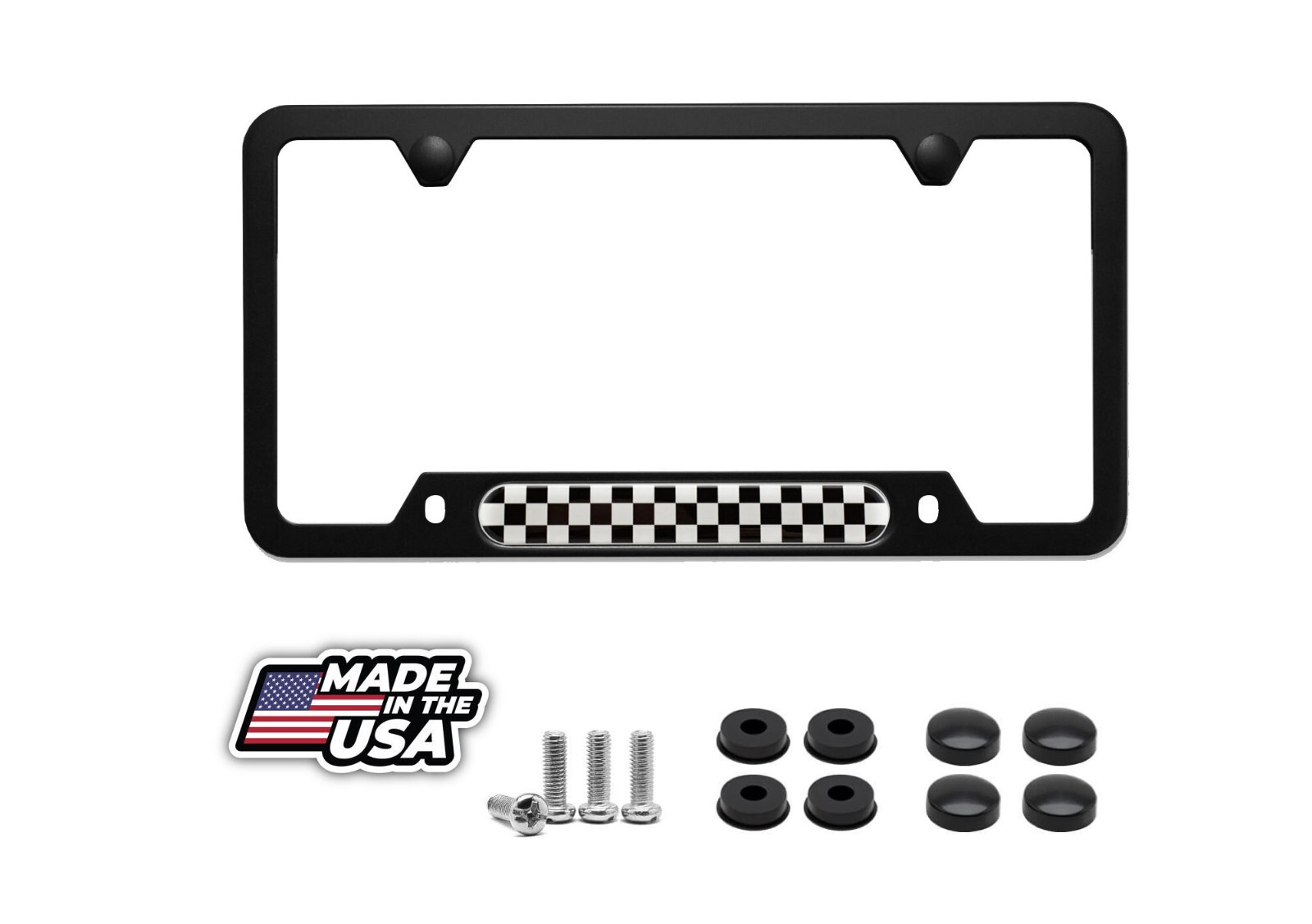 Mini Cooper Checkered Flag Black License Plate Frame Including Mounting Hardware