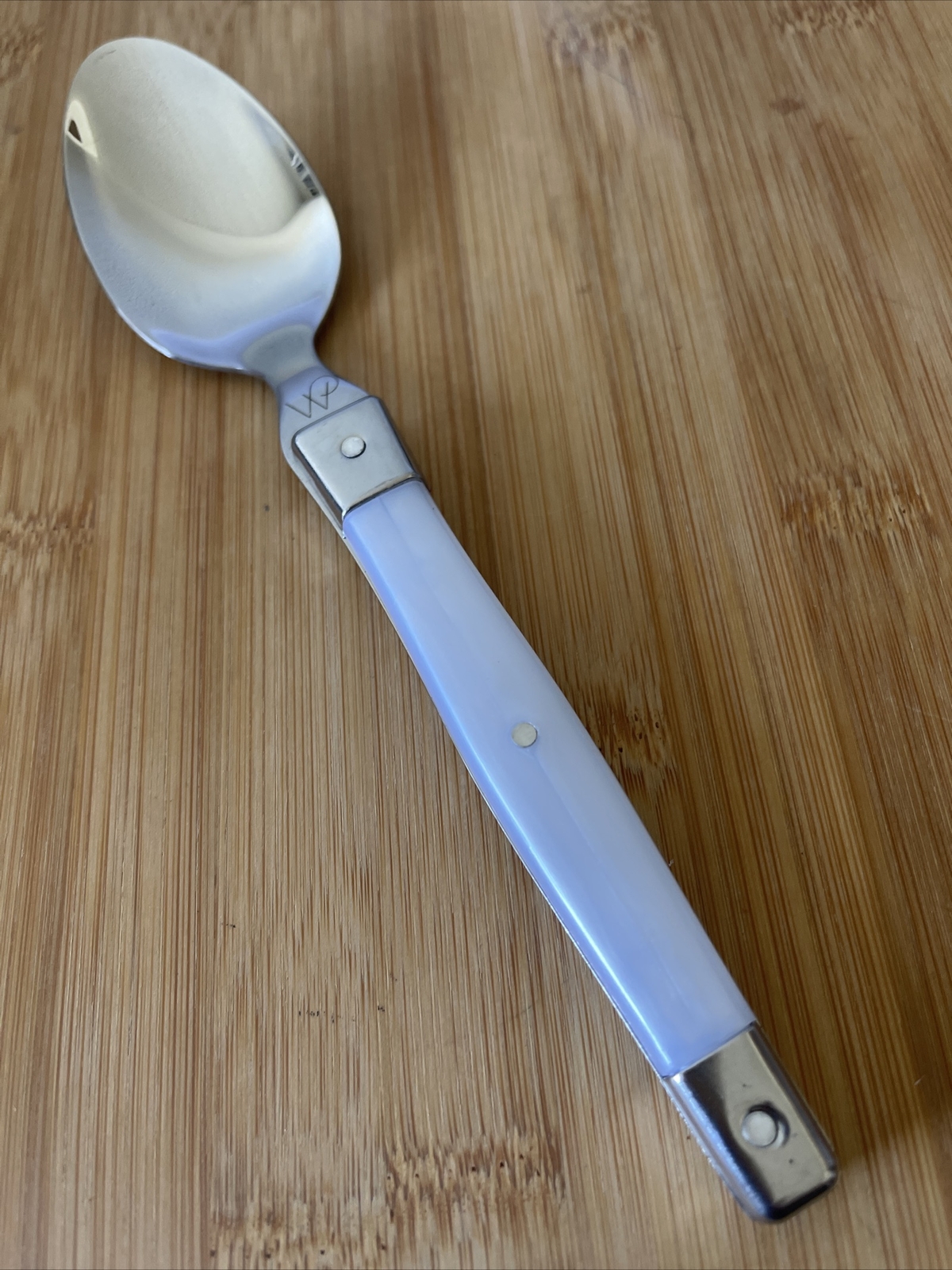 Wolfgang Puck  Rivets Stainless Acrylic White Opaque PLACE SOUP SPOON 8” NEW
