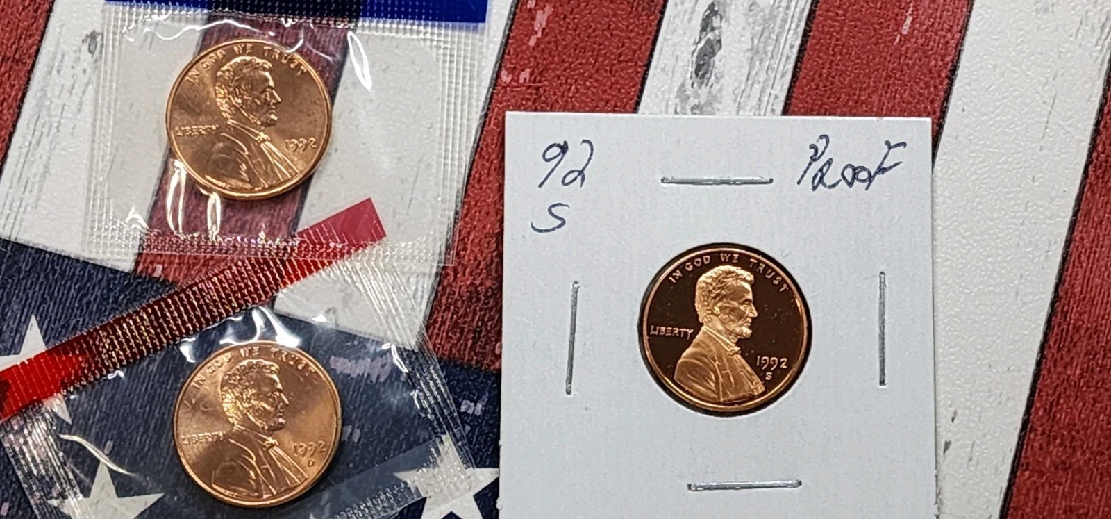 1992 P D S Lincoln 2 coins in Mint Cello + Proof -3 Coins Total  "FREE SHIPPING"