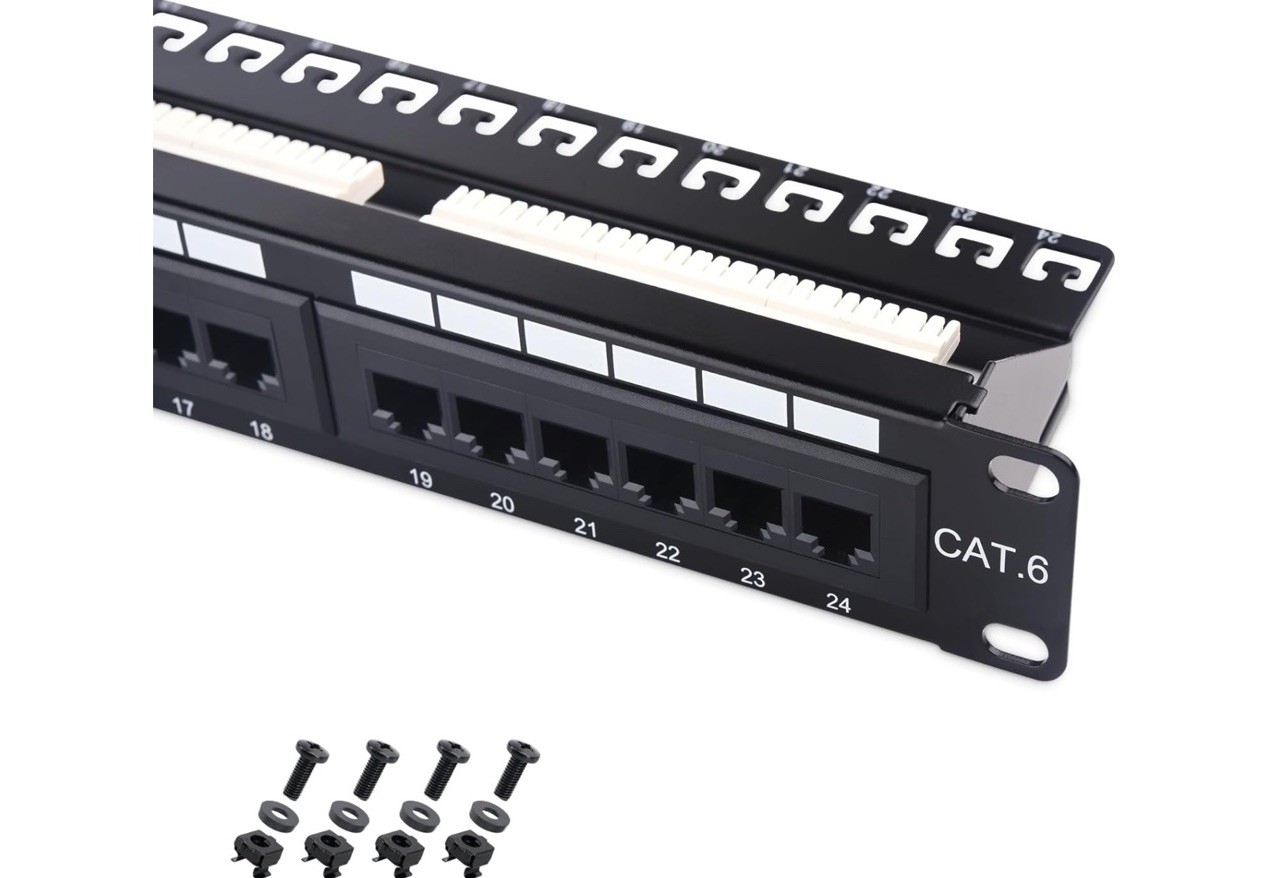 Cable Matters 24-Port Cat6 RJ45 Patch Panel 1U Rackmount Network Support Bar NIB