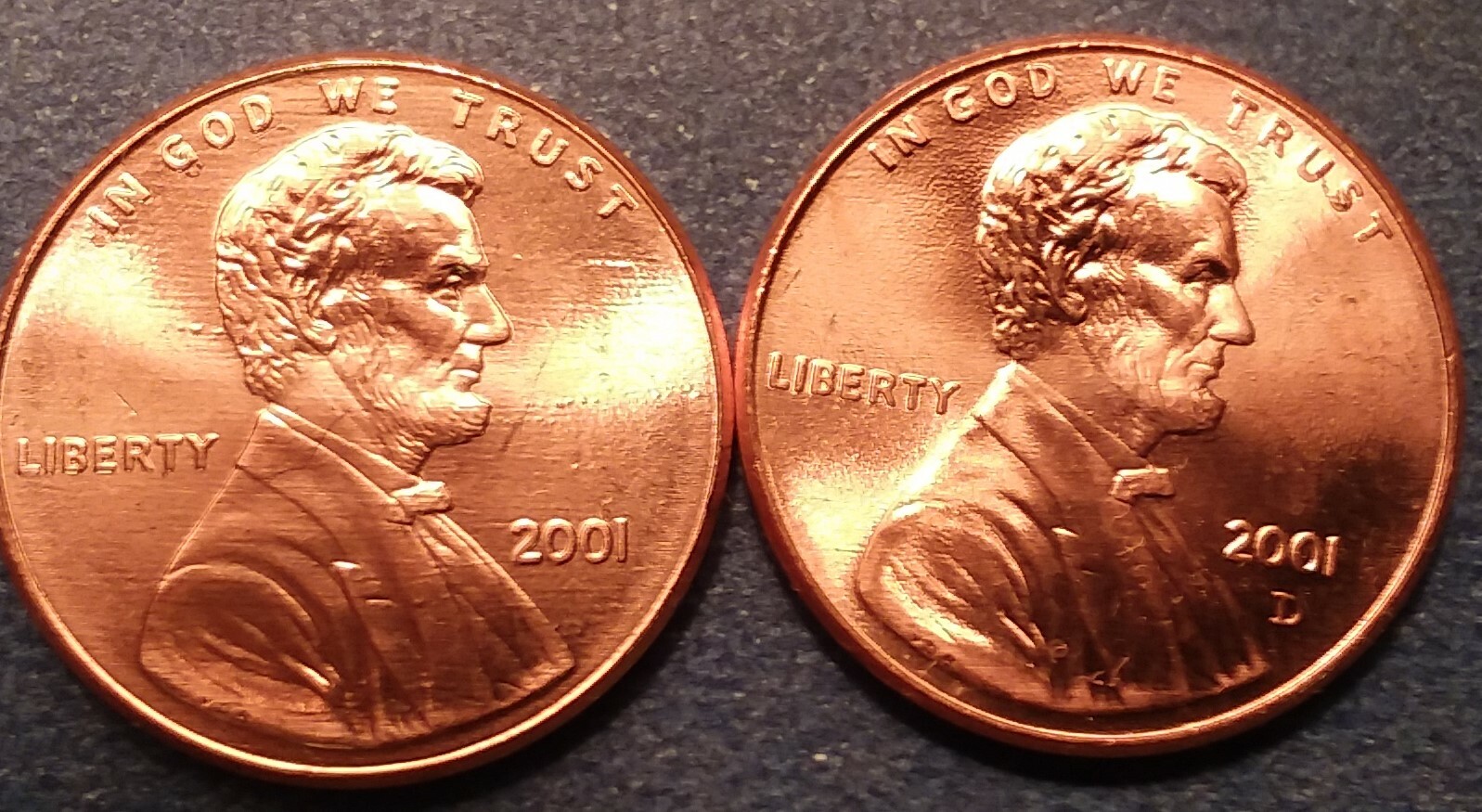 2001 P&D Brilliant Uncirculated Lincoln Cents(2 coins) Ships Free. BU condition.