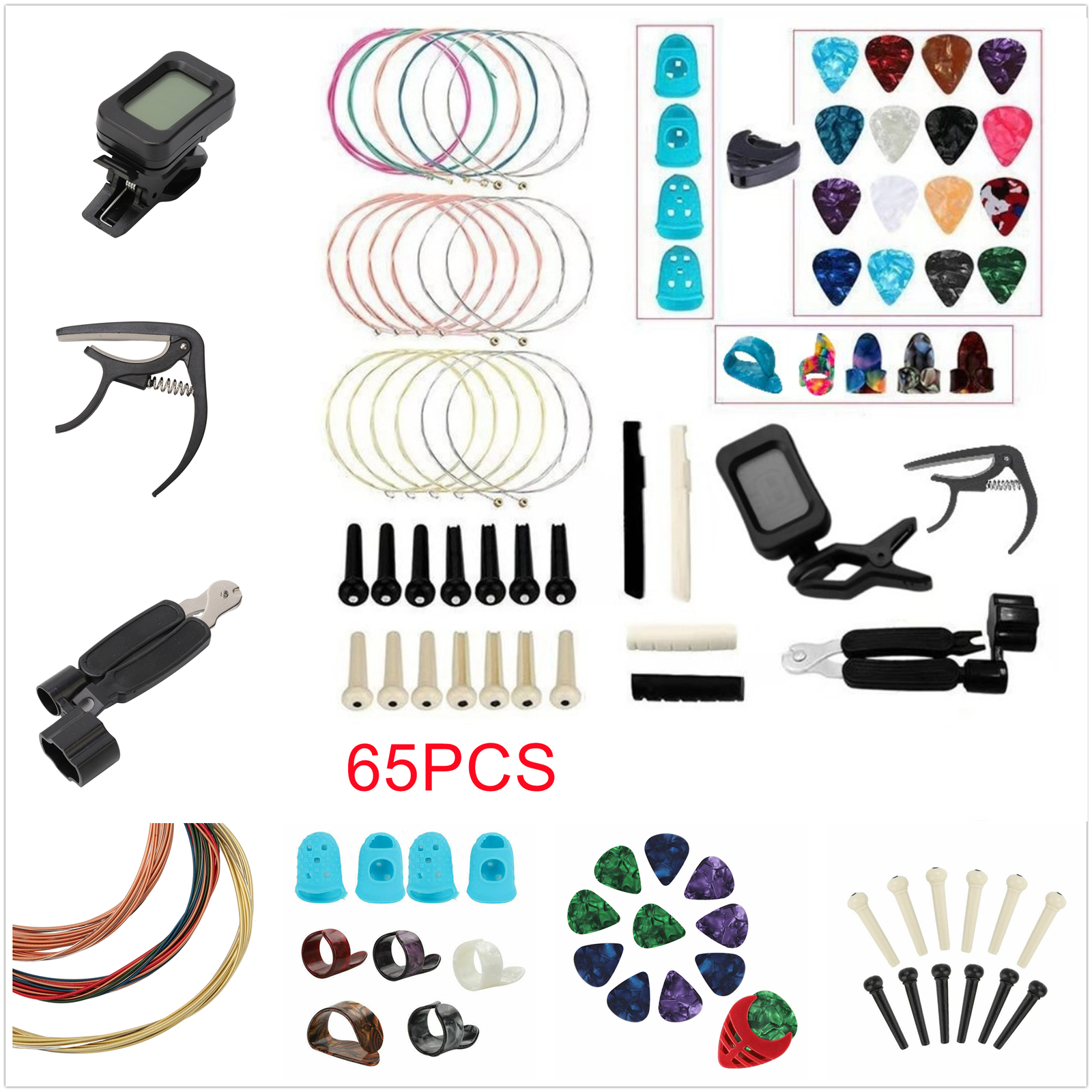 65PCS Guitar Accessories Kit Changing Tools Pick Pins Capo Winder Guitar Strings