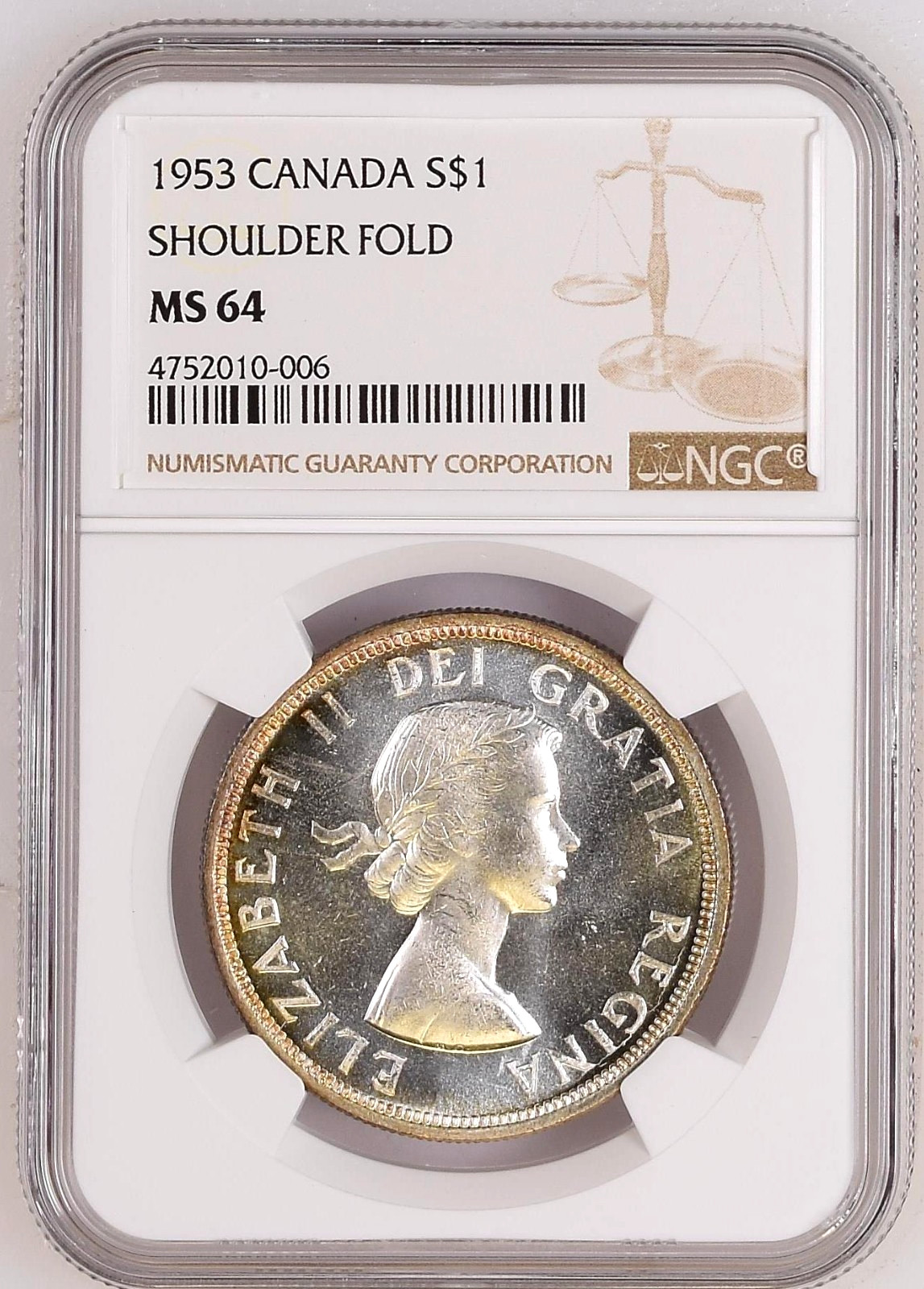 1953 CANADA SILVER $1 DOLLAR SHOULDER FOLD NGC MS-64 SWL
