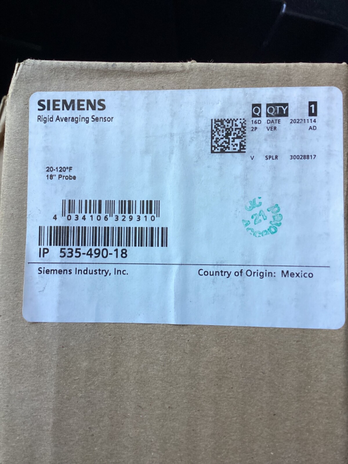 SIEMENS DUCT POINT TEMPERATURE SENSOR 535-490-18