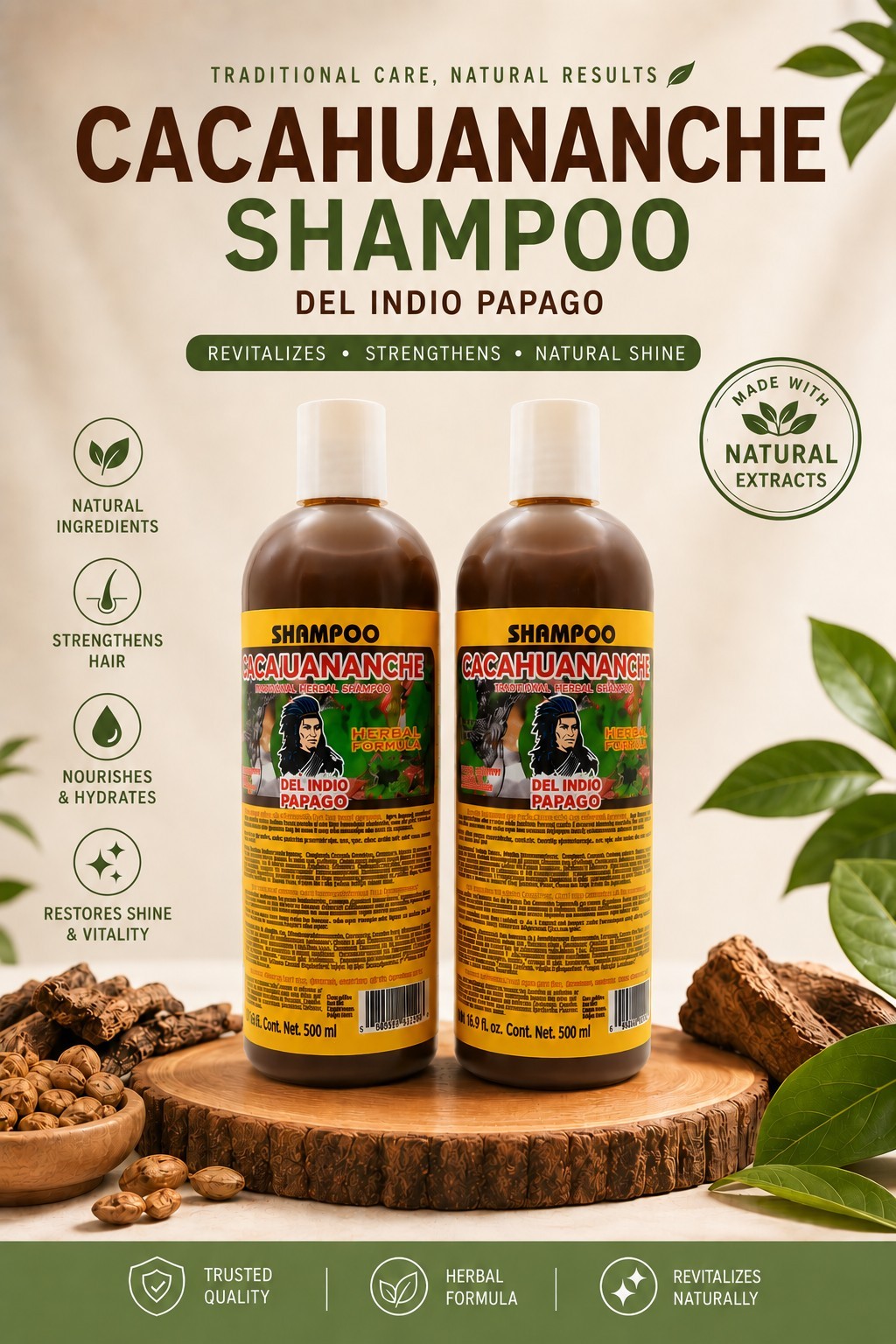 Shampoo Cacahuananche Del Indio Papago 16.9 oz For Hair Loss (2 BOTTLES)