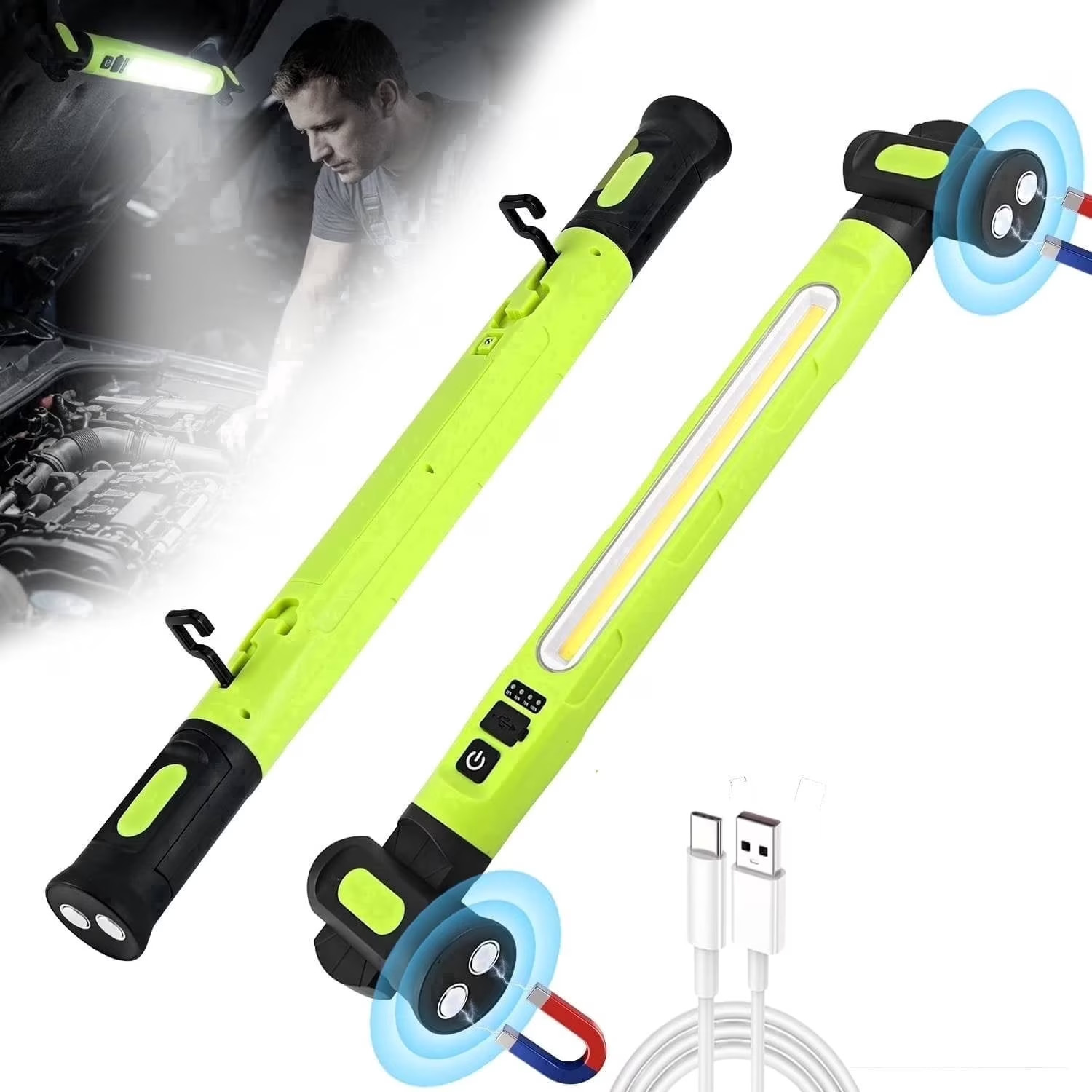 3000LM Magnetic Work Light Bar with Hooks, Rechargeable for Car Repair, Green