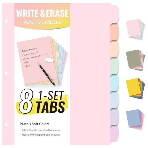 8 Tabs Long-Lasting Plastic Write & Erase Large Tabs 1 Set Pastels Color
