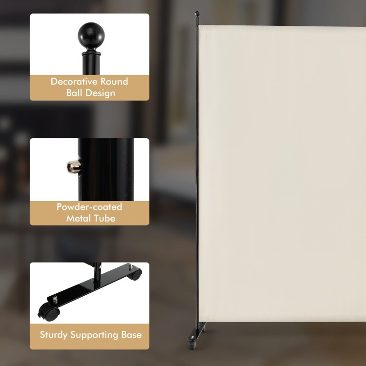 6 ft Single Panel Rolling Room Divider with Lockable Wheels