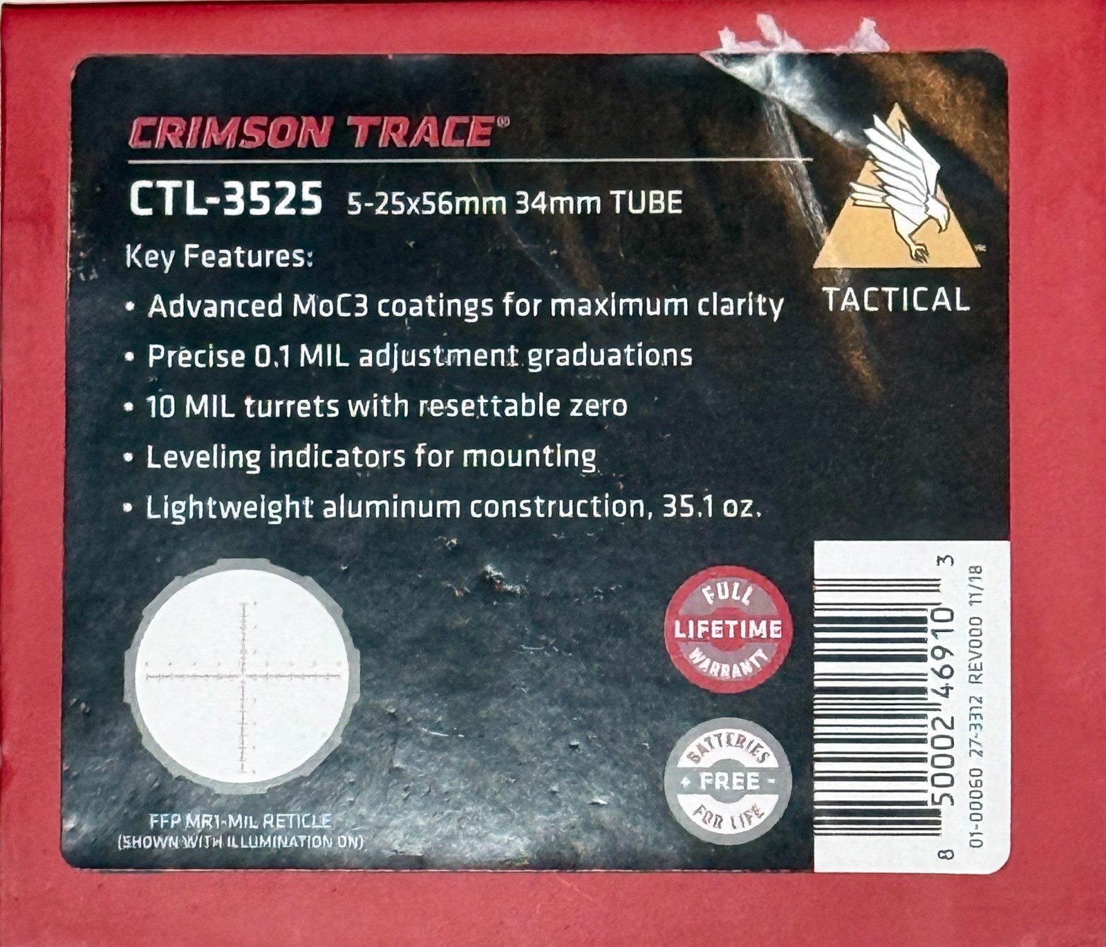 CRIMSON TRACE 5-25X56 RIFLESCOPE 3 SERIES MODEL # CTL-3525 W/RINGS *N/R*