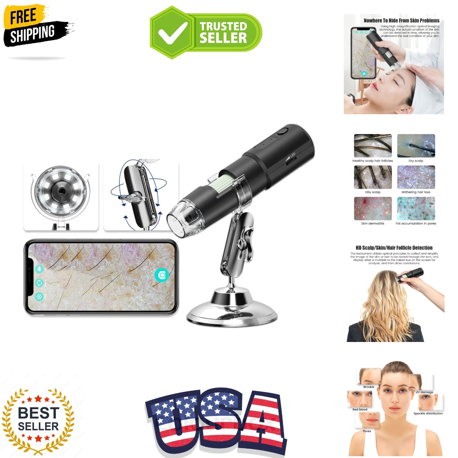 Wireless Skin Analyzer Machine Dermatoscope Scalp/Skin/Hair follicle Detectio...