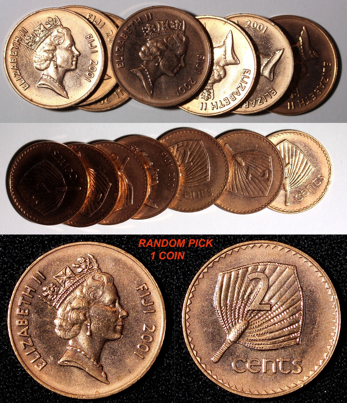 Fiji  Elizabeth II 2001 2 Cents Palm fan UNC KM# 50a RANDOM PICK (1 C) (984)