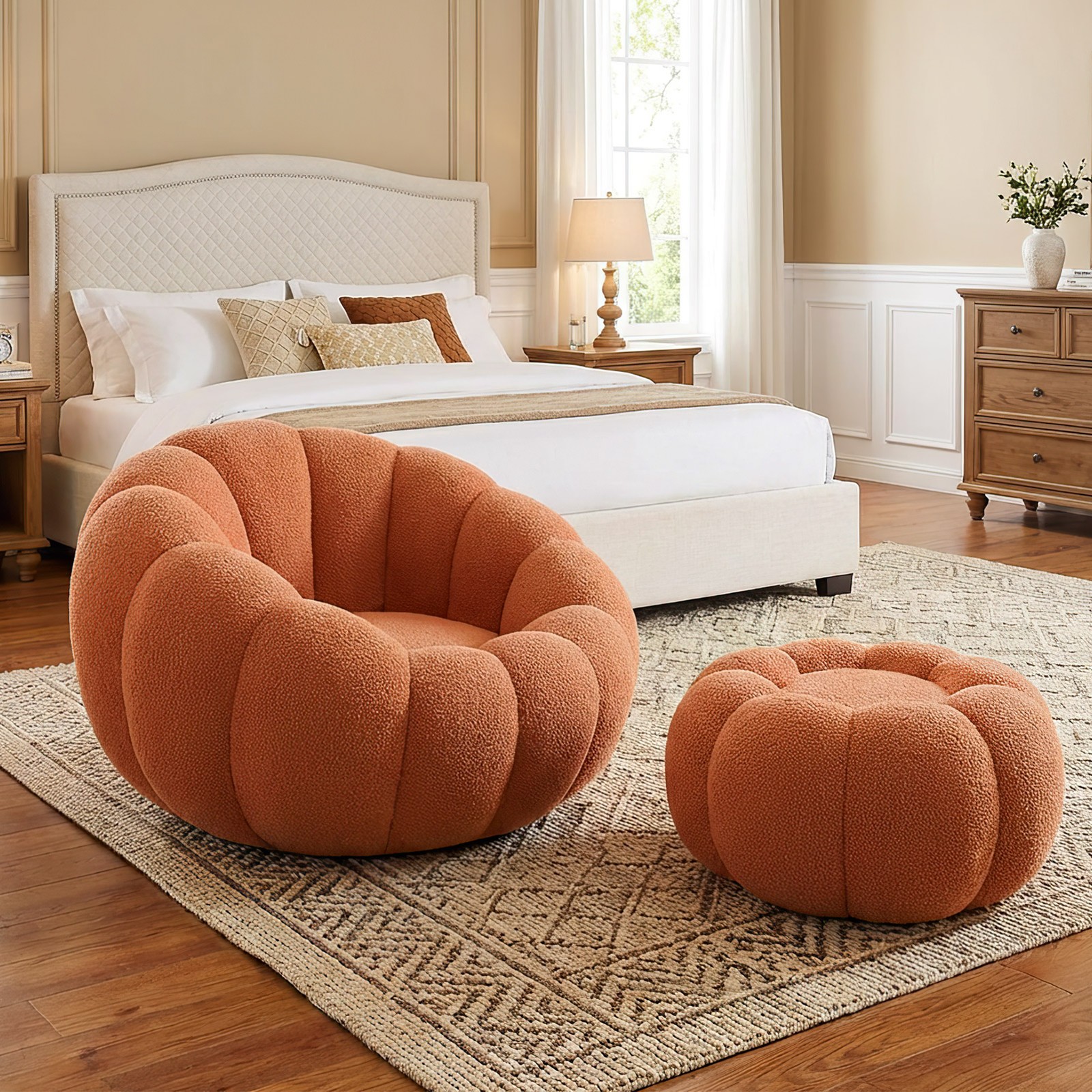 Pumpkin Shape Lounge Chair & Footstool - Brown