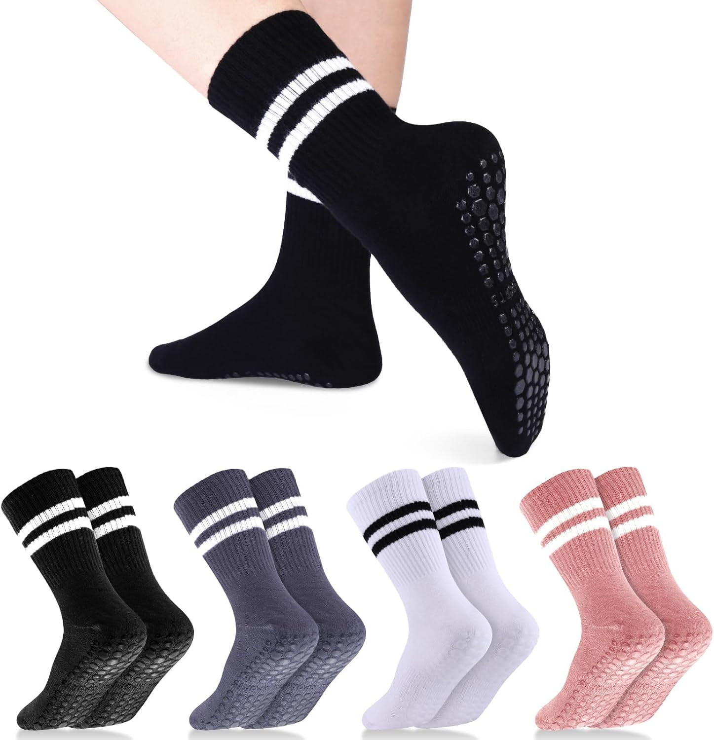 4 Pairs Pilates Grippy Socks for Women, Long Non Slip Yoga Socks with Grips Crew