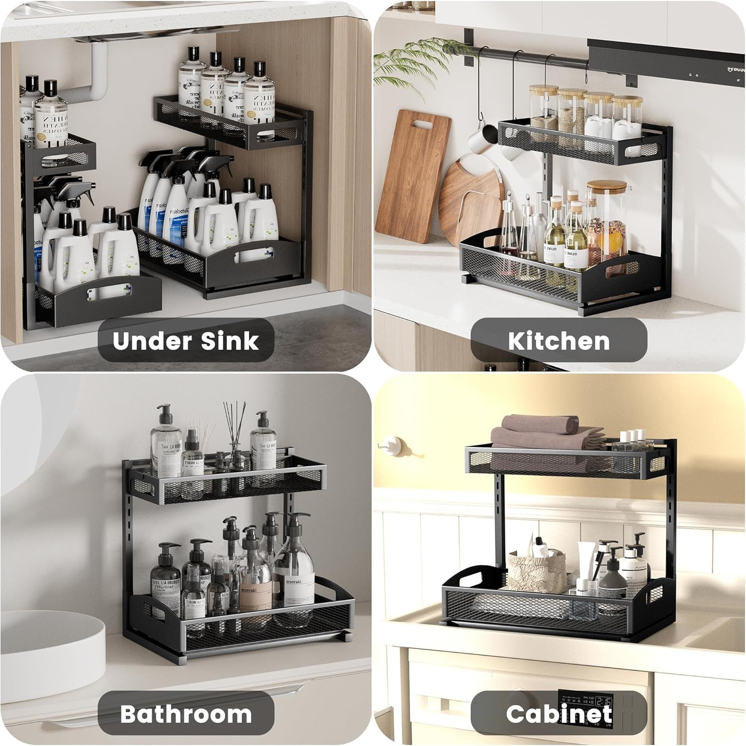 Height Adjustable Under Sink Organizer - 2 Pack Storage for Kitchen & Bathroom