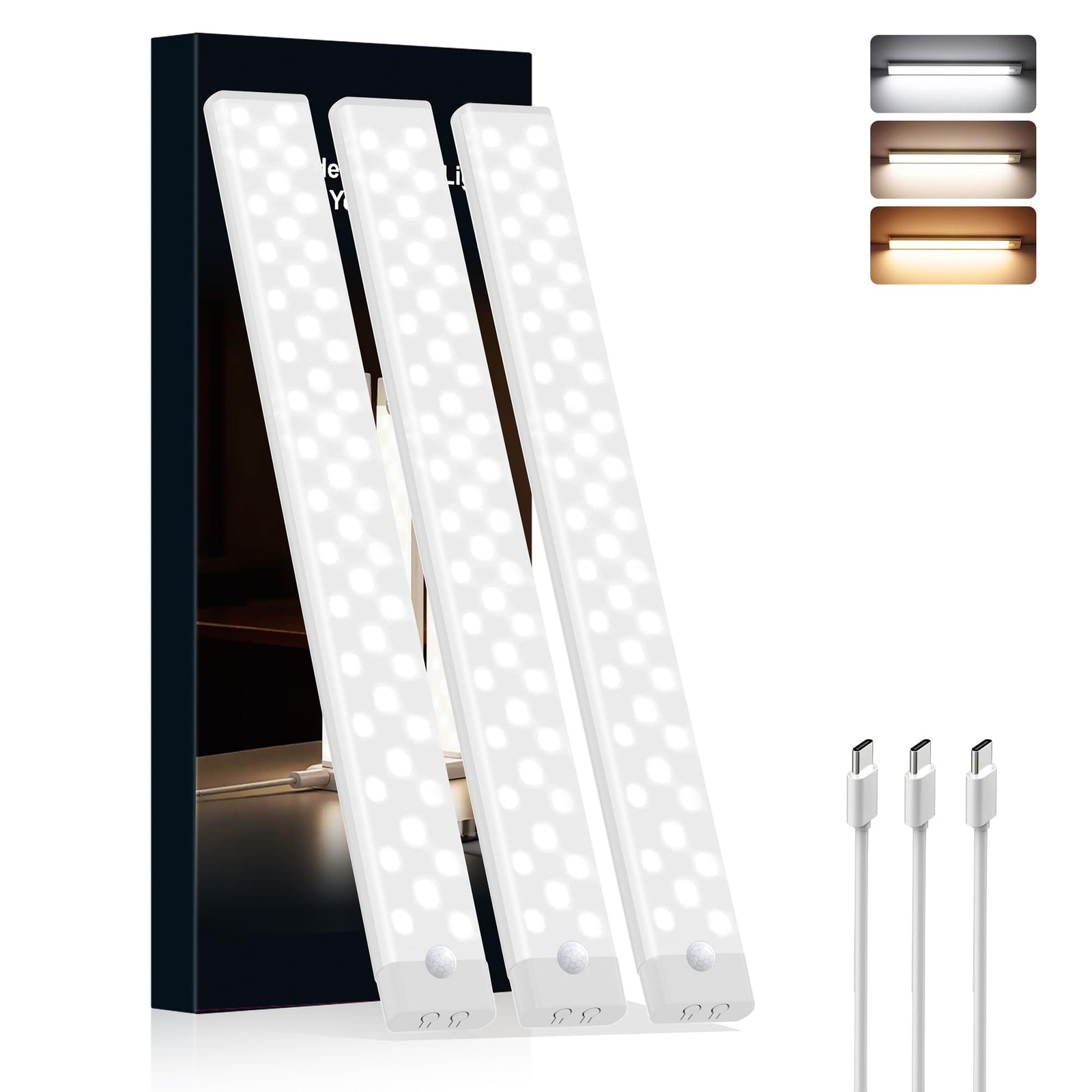 3 PCS 12 Inch Under Cabinet Lighting Rechargeable Motion Sensor Indoor Light