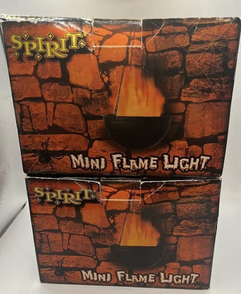 LOT OF 2 Spirit Halloween Mini Flame Light Hanging Cauldron 8" Diameter w/Box