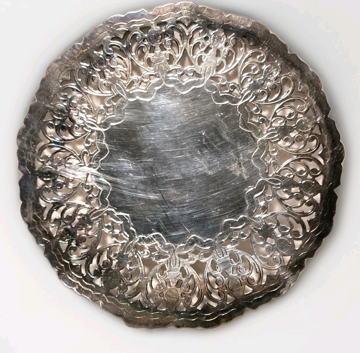 Vintage Marked Denmark Silver Plated Round Pierced Ornate Trivet  7"D