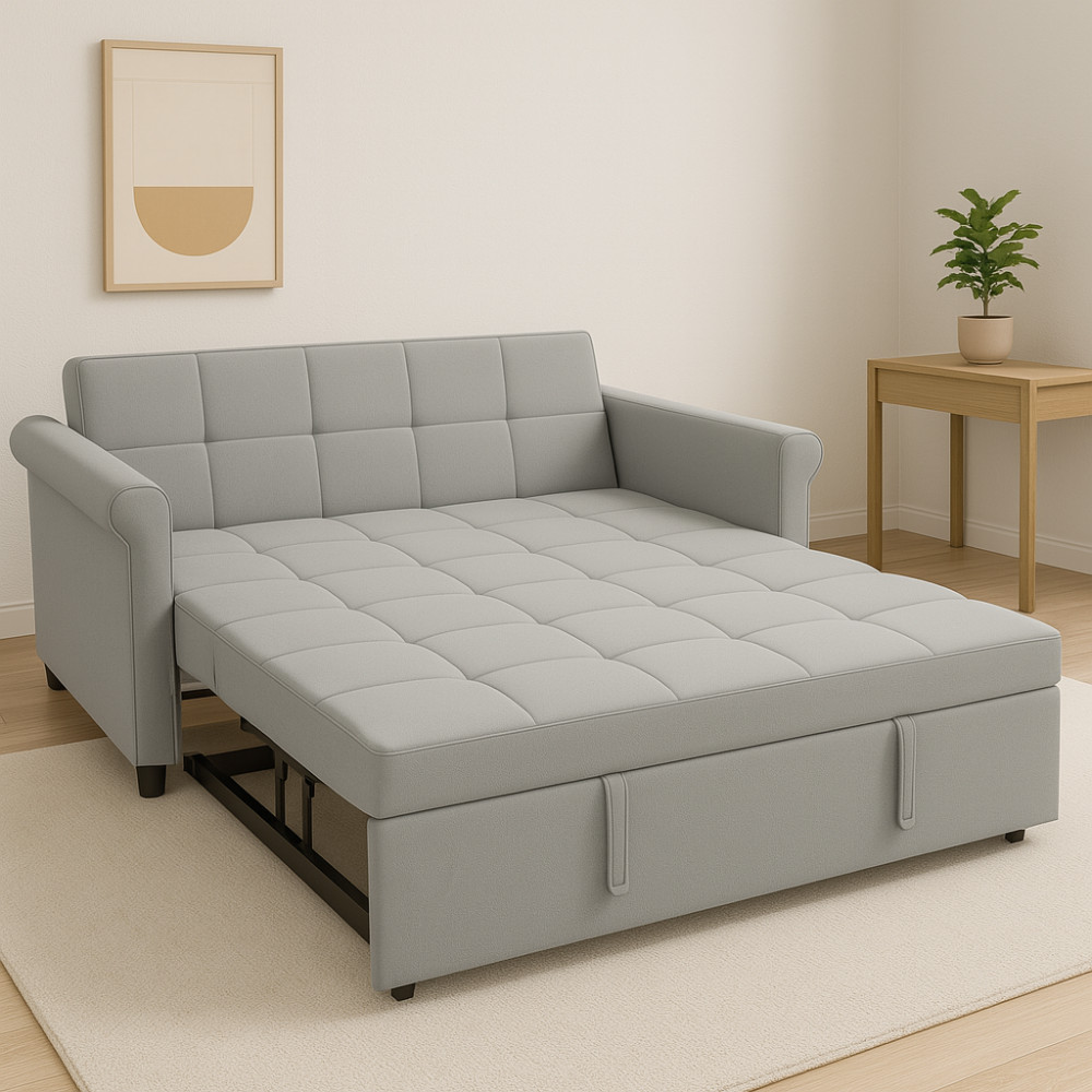2-Seater Convertible Velvet Loveseat Sofa Bed-Gray Pull-Out,Side Pocket,Compact