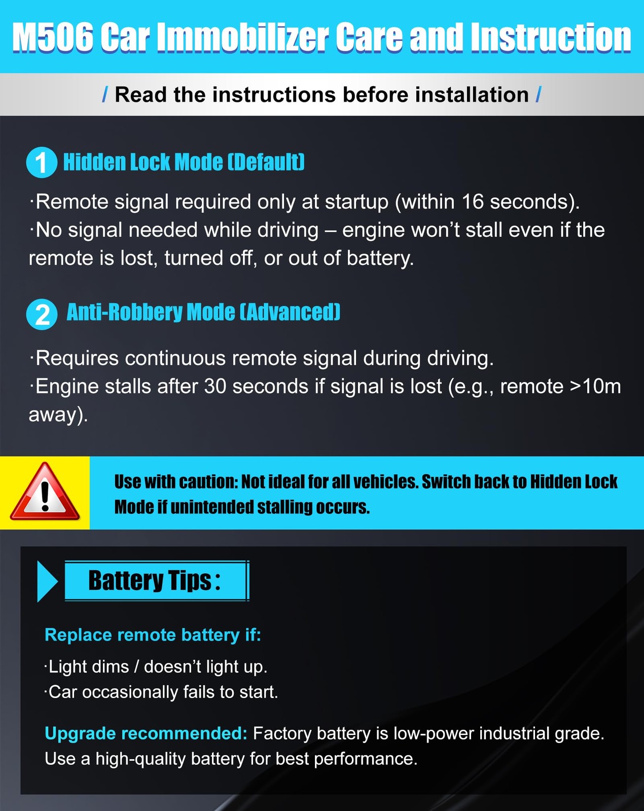 Car Immobilizer AntiTheft Alarm System, M506 Wireless Engine Lock, Auto AntiR...