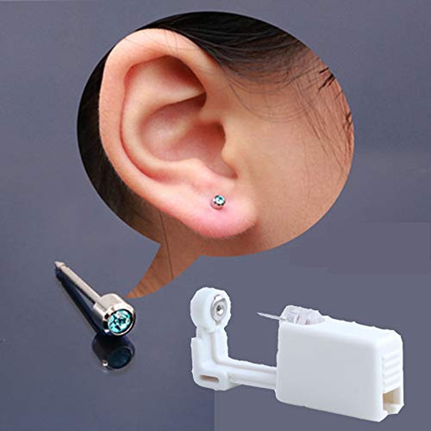 silver angel Self Ear Piercing Gun Disposable Body Piercing Kit With 3mm Ear ...