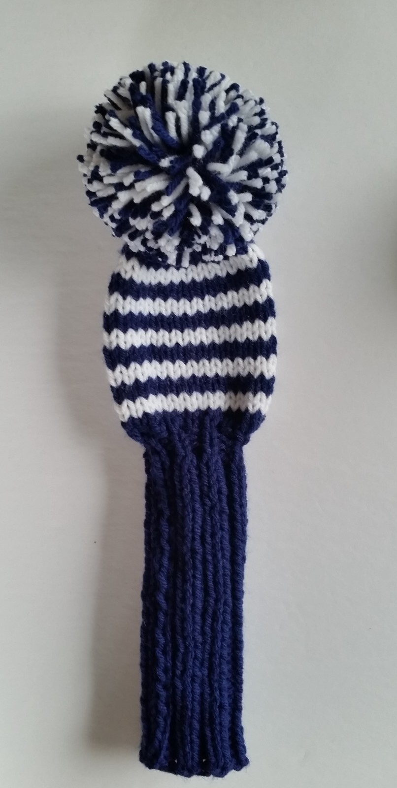 Navy/White Knit Golf Club Headcover, stripes, fits Vintage Golf Clubs 12" w/POM