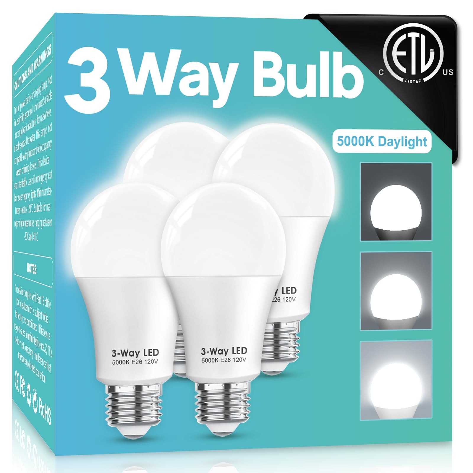 ETL Listed 3 Way LED Light Bulbs Daylight White 5000K,30 70 100W Equivalent 3 Wa