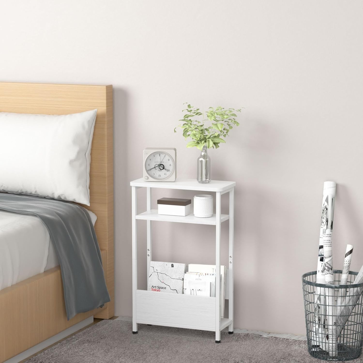 7.1" Narrow Side Table Small Spaces 3 Tier Small End Table W/ Magazine Holder