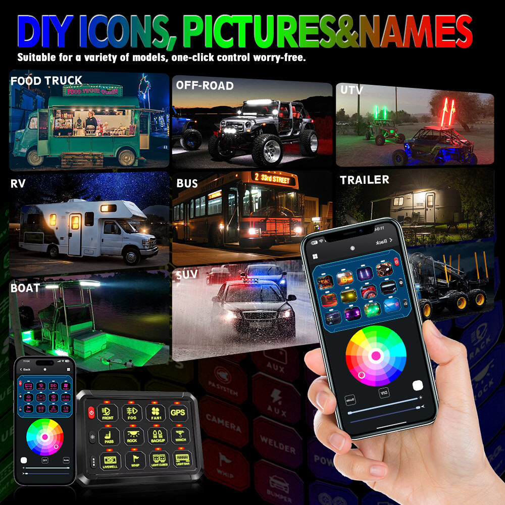 12 Gang RGB Switch Panel bluetooth Remote Control LED ON/OFF For Ford
