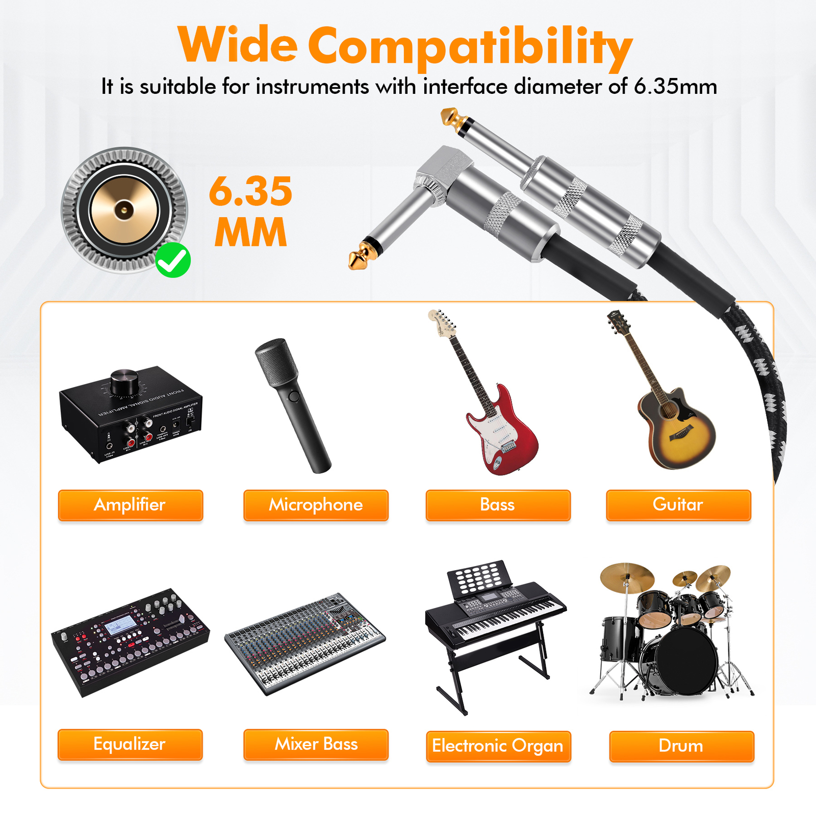 2 Pack 20ft Electric Patch Cord Guitar Amplifier Amp Cable Right Angle 90 Degree