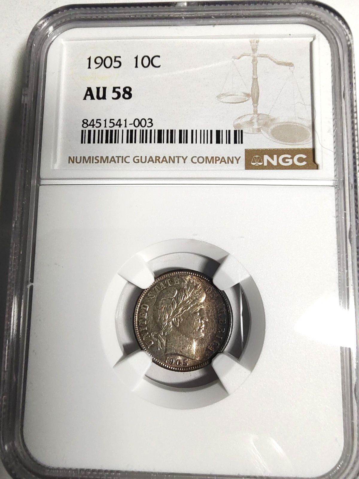 1905 Barber Silver Dime 90% 10C NGC AU 58